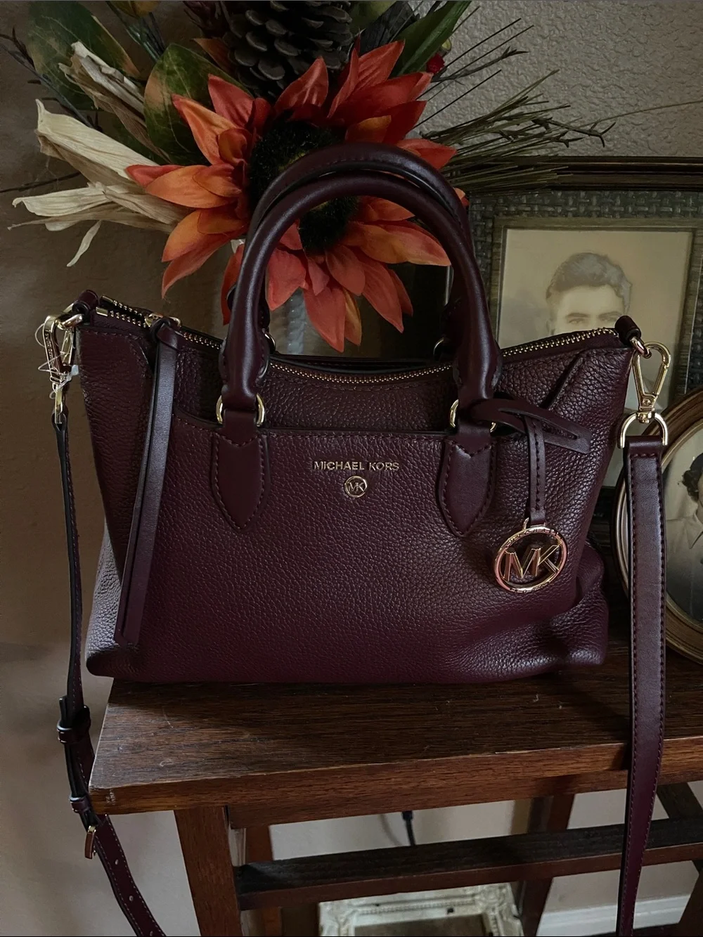 NWOT MICHAEL KORS Small Burgundy Pebbled Leather Satchel with Gold Hardware